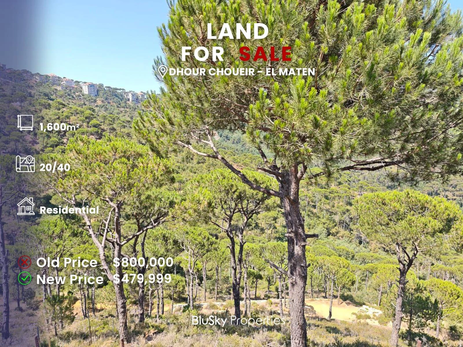 Land 1,600m² for Sale in Dhour Choueir