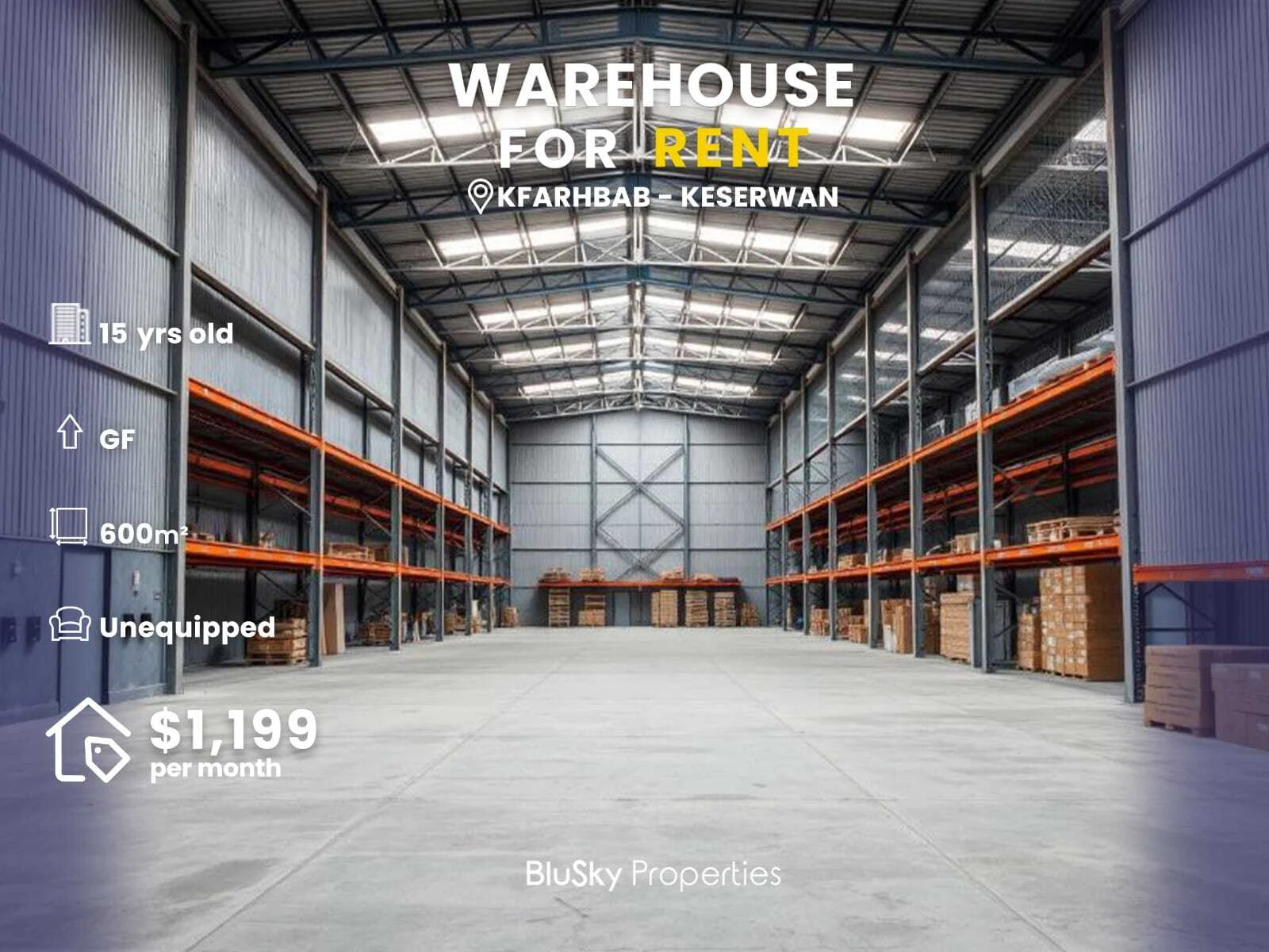 Warehouse 600m² for Rent in Kfarhbab