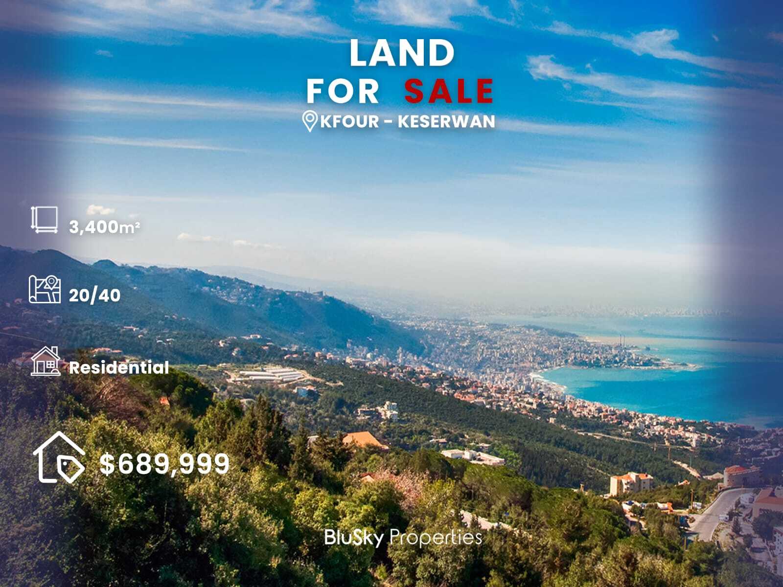 Land 3,400m² for Sale in Kfour — photo 1
