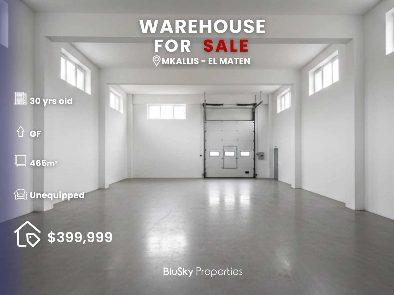 Warehouse 465m² for Sale in Mkalles