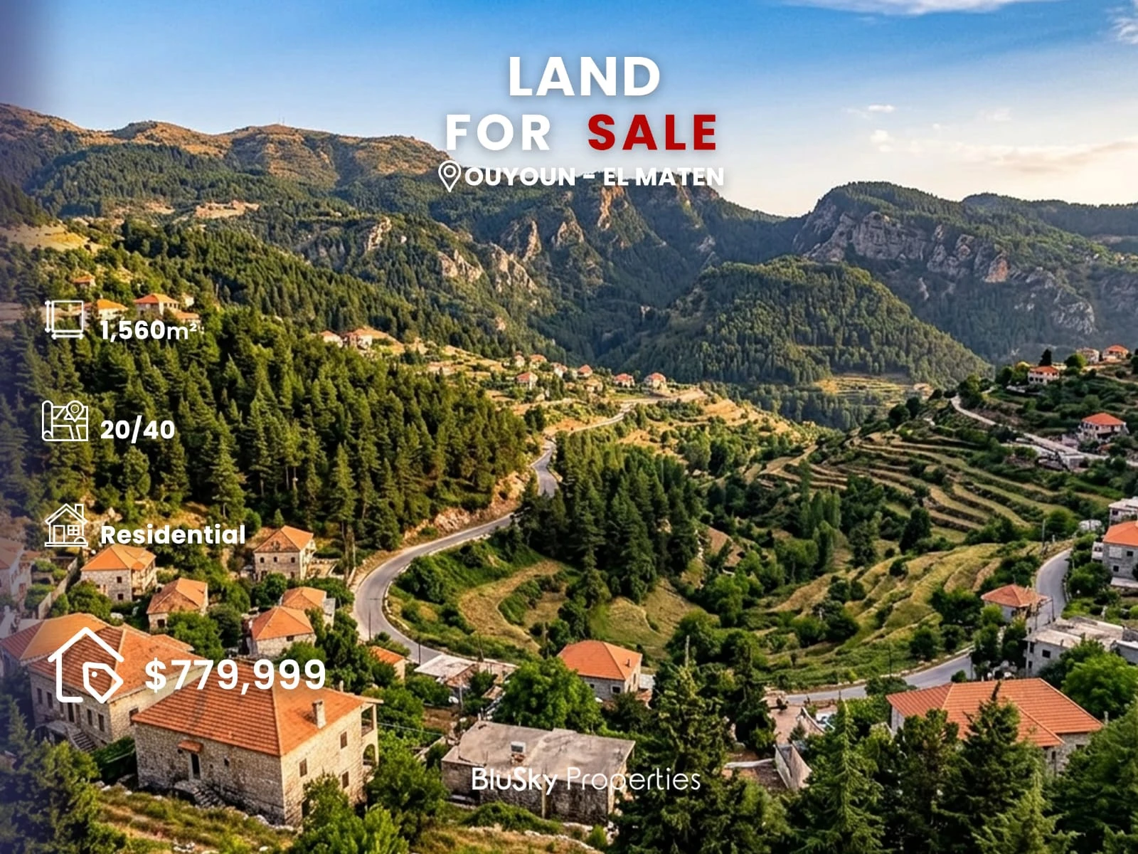 Land 1,560m² for Sale in Ouyoun Broumana