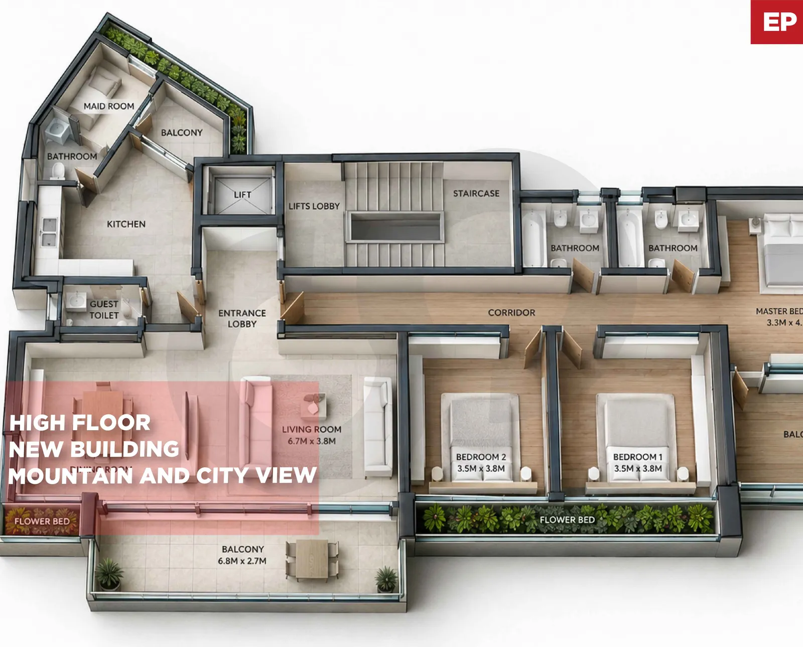 BRAND NEW/well-maintained building/High floor/Achrafieh, Beirut