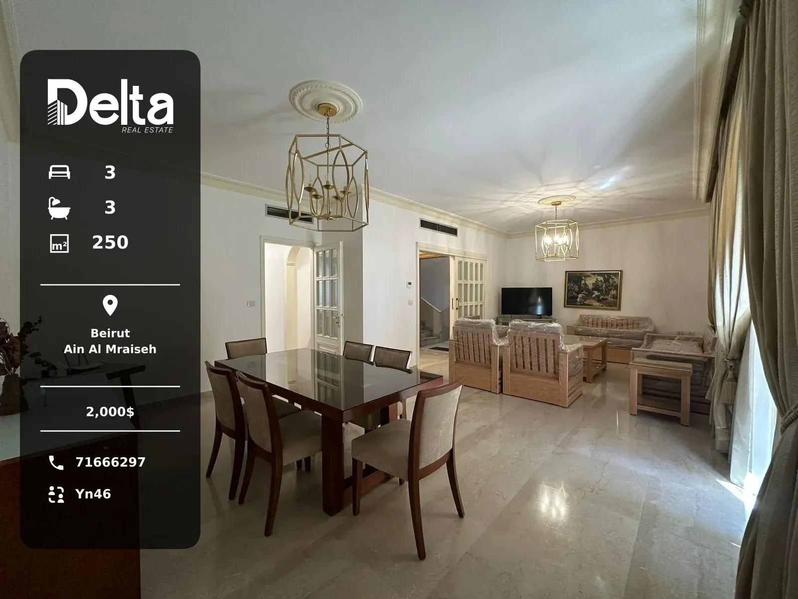 Apartment for Rent in Ain Al Mraiseh, Beirut – 3 BR, 250 sqm, Concierge & Elevator