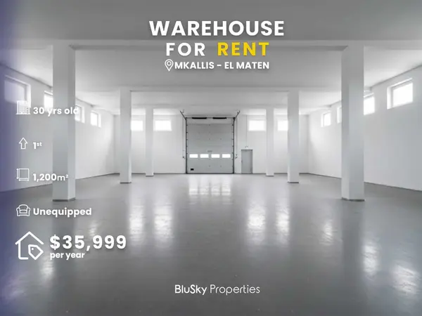 Warehouse 1,200m² for Rent in Mkalles